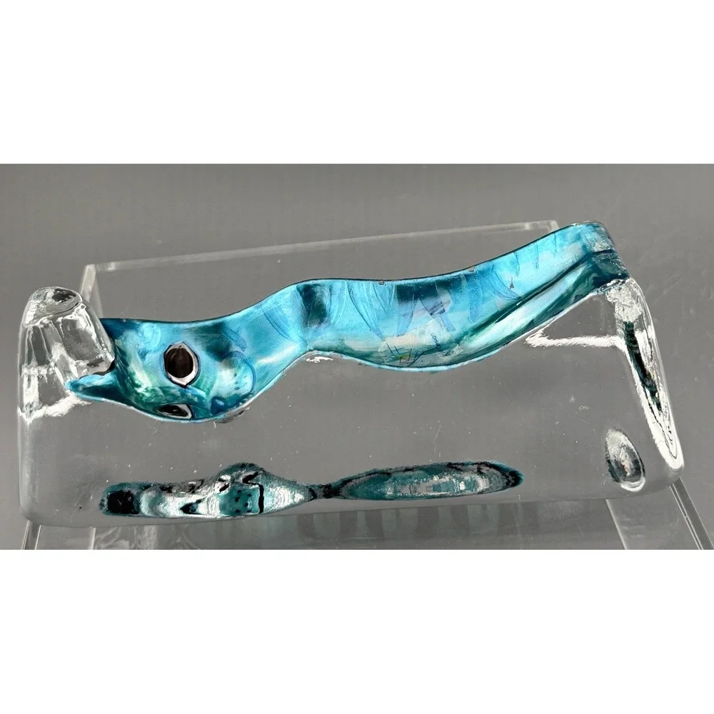 Vintage Paperweight Cat Kriff Design Art Glass Blue Hand Painted 6